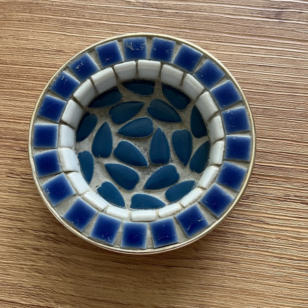Vintage Ashtray Mid Century Modern Mosaic Tile Blue, White, & Gold 4" Made Japan